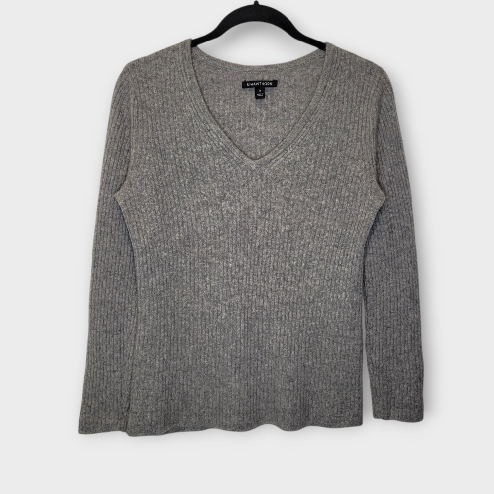41 Hawthorn Cashmere Ribbed Vneck Sweater M Gray
